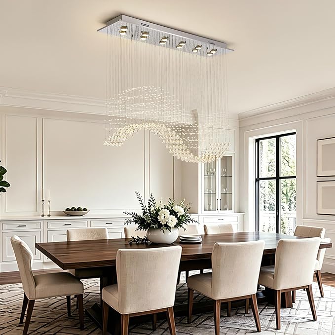Siljoy Rectangle Wave Raindrop Chandelier for Dining Room, 12 Light Modern Rectangular Flush Mount Crystal Pendant Ceiling Light for Living Room Kitchen L47'' x W11.8'' x H40''