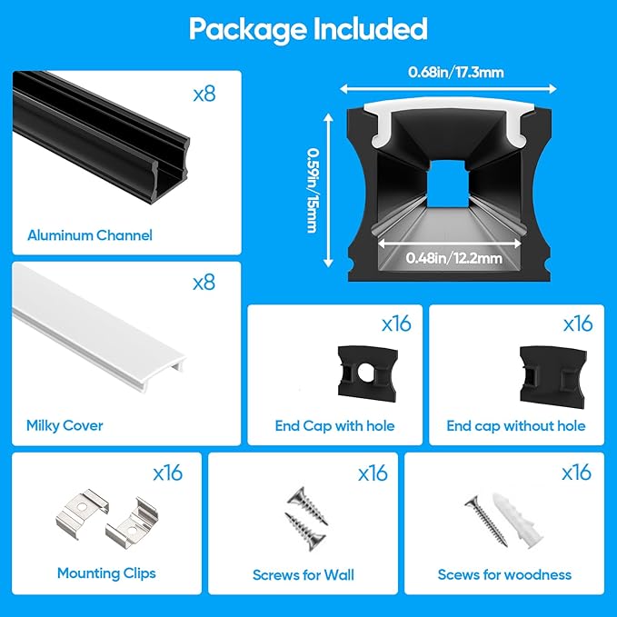 Besseto 8 Pack 6.6ft/2M Spotless LED Aluminum Channel Black,Milky Cover Deep Aluminum Profile Channel for LED Strip Light Width Up to 12mm