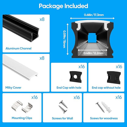 Besseto 8 Pack 6.6ft/2M Spotless LED Aluminum Channel Black,Milky Cover Deep Aluminum Profile Channel for LED Strip Light Width Up to 12mm