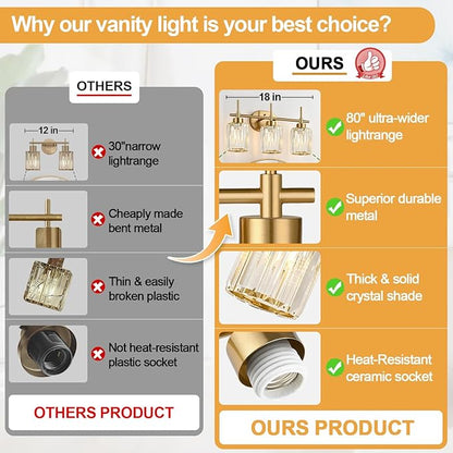 Modern Crystal Bathroom Vanity Light, 3-Light Brushed Gold Bathroom Light Fixtures with Clear Shades, Vanity Lighting Fixtures Over Mirror (Exclude Bulb)