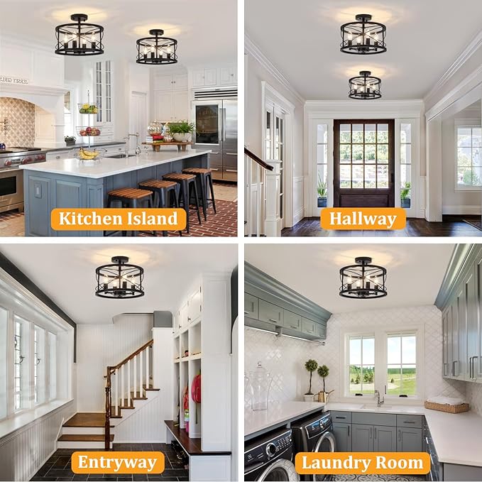 TOULMJ 4-Light Black Semi Flush Mount Ceiling Light, Farmhouse Modern Light Fixture, Hallway Light Fixtures Close to Ceiling Lighting Fixture for Kitchen Island Entryway Laundry Dining Room