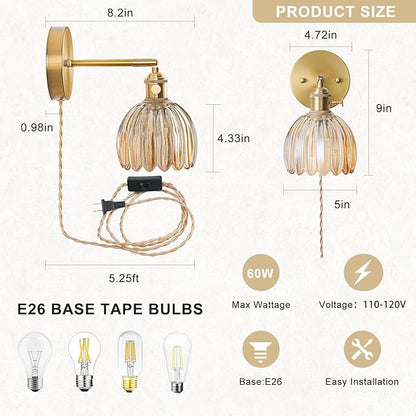 Plug in Wall Sconces Set of 2, Vintage Wall Sconce Light with Tulip Amber Glass Lampshade, Bedroom Wall Sconce with Switch and Plug in wall lamp Cord, Gold Wall Light Wall Decor Set of 2