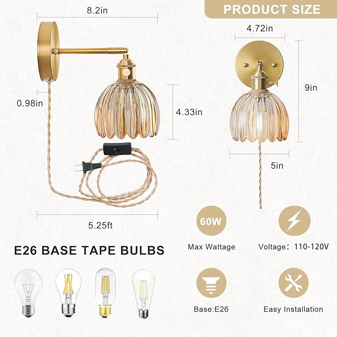 Plug in Wall Sconce, Vintage Sconce Light with Tulip Amber Glass Lampshade, Bedside Wall Sconce with Switch and Plug in Wall Lamp Cord, Gold Wall Light for Bedroom
