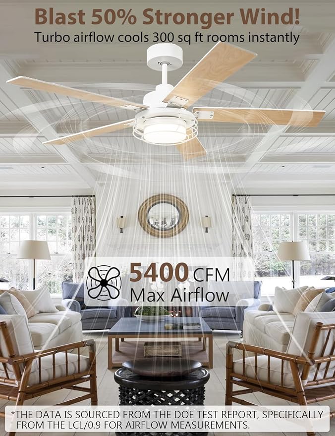 52" White Ceiling Fan with Lights & Remote -Farmhouse Ceiling Fan for Bedroom with High Airflow,Quiet DC Motor 6-Speed Indoor/Outdoor