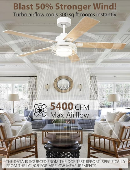 52" White Ceiling Fan with Lights & Remote -Farmhouse Ceiling Fan for Bedroom with High Airflow,Quiet DC Motor 6-Speed Indoor/Outdoor