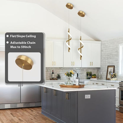 CANEOE 3 Packs Modern Spiral Led Pendant Light Fixture, Cold White 5500K Gold Kitchen Island Pendant Lamp, Adjustable Hanging Light Fixture for Bedroom Living Room Kitchen Sink (Gold)