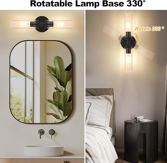 Battery Operated Wall Sconces Set of 2, 330° Rotation 3000K-6000K Dimmable Wireless Wall Sconce with Clear Glass Black 10400mAh USB Rechargeable Wall Lights with Remote Bulbs Included 2 Pack