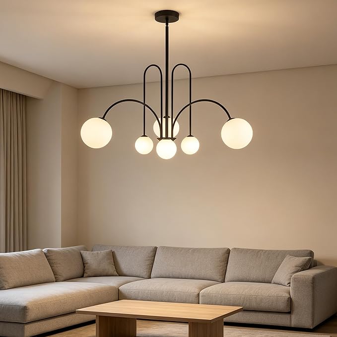 Mid Century Modern Chandelier 6-Light Milk Glass Chandelier Black Sputnik Chandelier Light Fixture Frosted White Globe Chandelier Nordic Chandeliers for Dining Room Living Room