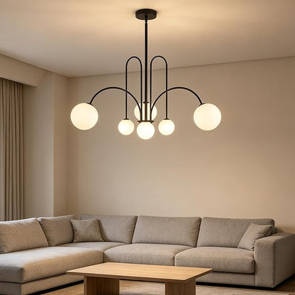 Mid Century Modern Chandelier 6-Light Milk Glass Chandelier Black Sputnik Chandelier Light Fixture Frosted White Globe Chandelier Nordic Chandeliers for Dining Room Living Room