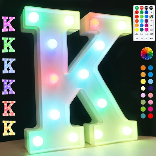 LED Marquee Letter Lights, 18 Colors Changing Light Up Letters with Remote, RGB Alphabet Letters Sign for Girls Boys Gift Birthday Party Night Light Bedroom Wedding Christmas Decor-Colorful K