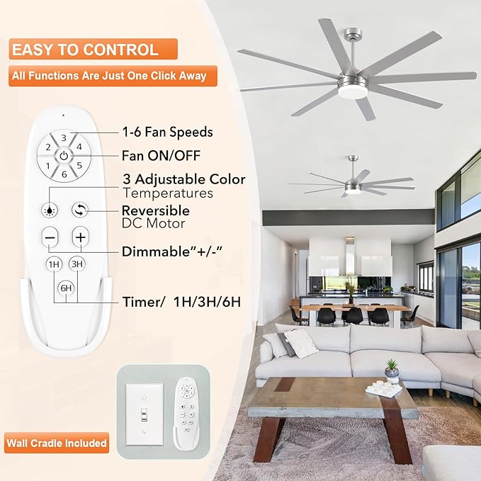 YUHAO 72 Inch Brushed Nickel Ceiling Fan with Light and Remote Control.Noiseless,Dimmable,3CCT,6 Speeds Reversible, DC Ceiling Fans for Indoor or Covered Outdoor