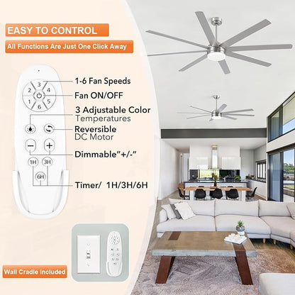 YUHAO 72 Inch Brushed Nickel Ceiling Fan with Light and Remote Control.Noiseless,Dimmable,3CCT,6 Speeds Reversible, DC Ceiling Fans for Indoor or Covered Outdoor