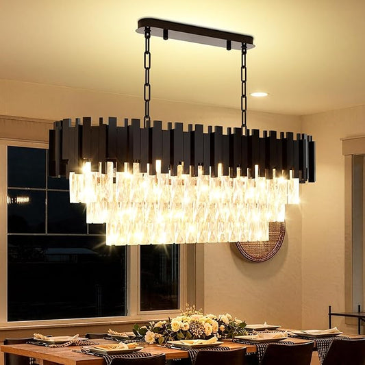 32" Black Rectangular Crystal Chandelier, Modern Flush-Mount 8-Light Ceiling Light Fixture, K9 Raindrop Luxury Pendant Lighting for Dining Room Living Room