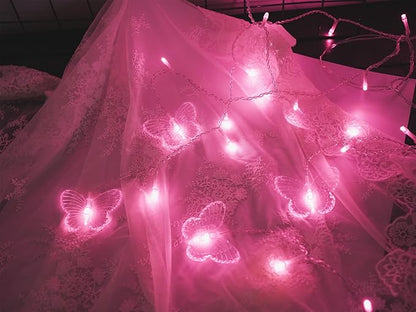 Butterfly Curtain Fairy Lights, 120LED Pink Twinkle String Lights with Romote, 8 Modes USB Powered Christmas Lights for Wedding, Bedroom, Party Decoration