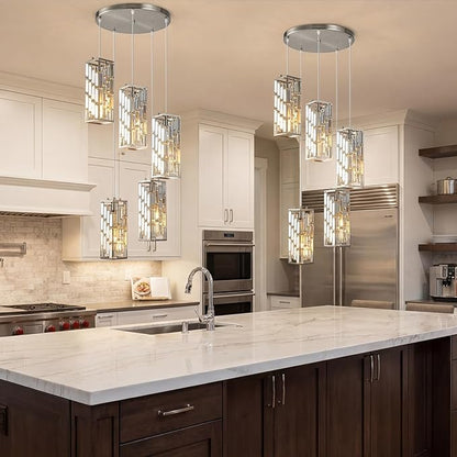 Brushed Nickel Pendant Lighting Modern Pendant Light, Mini Crystal Chandeliers,Adjustable Pendant Light Fixture for Kitchen Island Dinning Room Bedroom (5 Light)