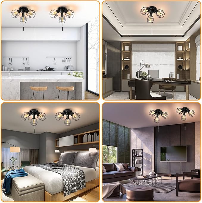 Pull Chain Light Fixture, 3 Light Semi Flush Mount Ceiling Fixture, Vintage Pendant Light Fixture for Porch/Hallway/Kitchen/Bedroom, Bulb Not Included