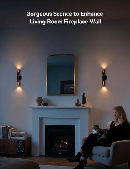 Tubicen Wall Sconces Set of Two Dimmable Mid-Century Modern Black and Gold Sconce Up Down Wall Lights Hardwired Indoor Art Deco Wall Sconces for Living Room Bedroom Movie Theater Hallway 15.7" H