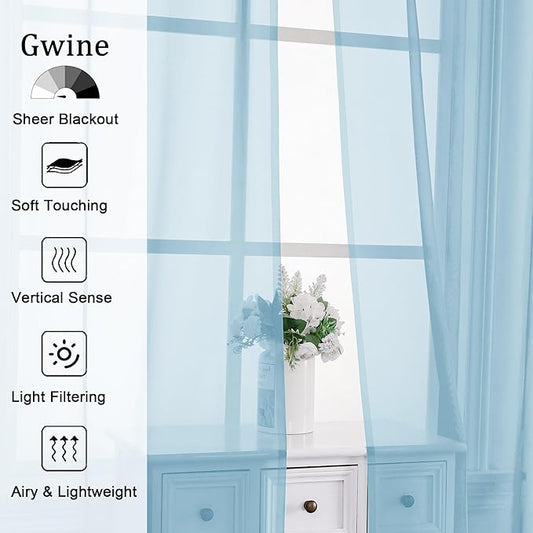 Gwine Sky Blue Sheer Curtains for Living Room 45 inches Long, Short Voile Light Filtering Window Treatments Sheer Curtains for Bedroom, Half Window Drapes with Rod Pocket, Each 42" Wx45 L