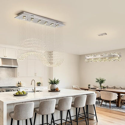 Siljoy Rectangle Wave Raindrop Chandelier for Dining Room, 12 Light Modern Rectangular Flush Mount Crystal Pendant Ceiling Light for Living Room Kitchen L47'' x W11.8'' x H40''