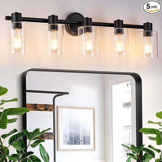 5 Light Bathroom Wall Light Fixtures Black Bathroom Wall Sconce with Clear Glass Lights Over Mirror Vanity Lights E26 Base