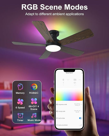 42 Inch Ceiling Fans with Lights, Smart Ceiling Fan with Alexa Google App, Black Ceiling Fan with RGB Lights Remote, 6 Speeds Reversible DC Motor, Modern Flush Mount for Bedroom Living Room