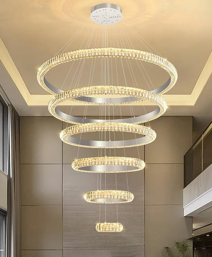 47" 6 Ring Crystal Chandelier Modern LED Dimmable Ring Pendant Light Chandelier for Dining Room Living Room Silver