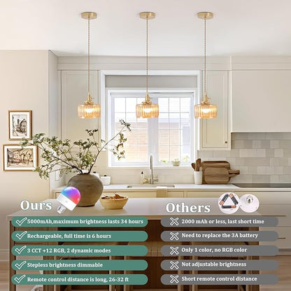 Shenmoyl Battery Operated Pendant Light 5000mAh Rechargeable Chandelier with Remote Control Wireless Adjustable Hanging Amber Striped Light for Kitchen Island Dining Room Hallway