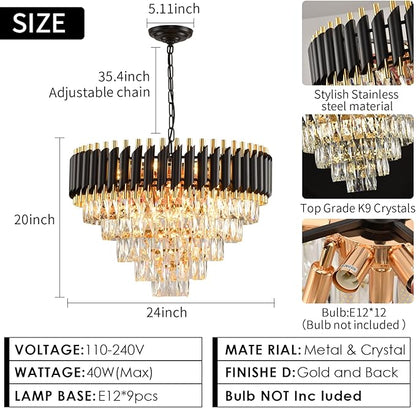 Gold Modern Crystal Chandelier 5-Tier Round Living Room Chandelier Light Fixture Black Large Crystal Chandeliers Pendant Ceiling Light Fixture for Dining Room Bedroom Entryway Staircase Foyer W24in
