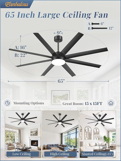 Fanbulous 65 Inch Large Ceiling Fans with Lights, Black Ceiling Fan with Remote Control, Dimmable, 3CCT, Quiet, Modern Ceiling fan For Living Room, Bedroom, Kitchen, Patio, Outdoor