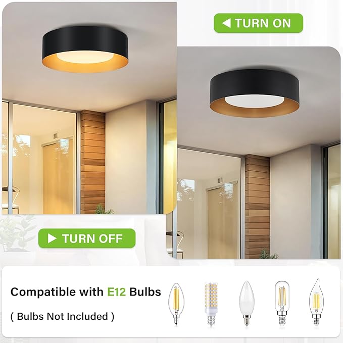 Yiisem Modern Black and Gold Flush Mount Ceiling Lights, Glass Round Ceiling Lighting, Minimalist Drum Close to Ceiling Light Fixtures for Bedroom, Dining Room, Bathroom, Hallways, Living Room