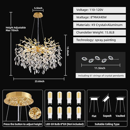 Modern Tree Branch Crystal Chandelier 23.6" Gold Luxury Large Pendant Lighting 8-Light Contemporary K9 Crystal Chandeliers for Dining Room Kitchen Living Room Foyer Entryway (Gold, D23.6"-Round)