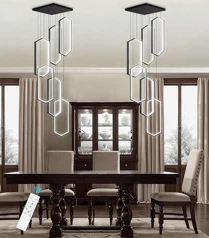 6 Rings Modern Chandelier LED Dimmable Pendant Lighting Adjust Flush Mount Ceiling Light for Foyer Lobby Living Room Staircaes Black