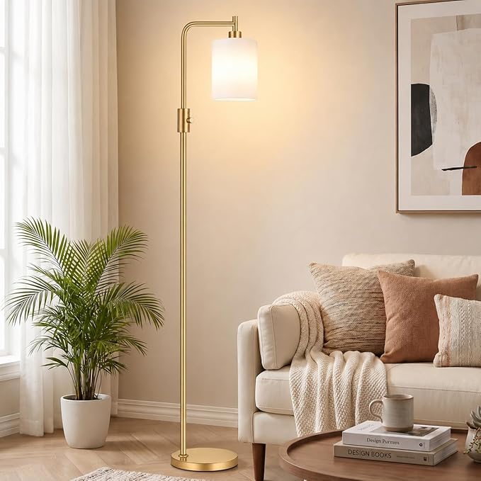 【Upgraded】Dimmable Floor Lamps for Living Room with Frosted White Glass Shade, Modern Industrial Floor Lamp with 900LM Bulb Included, Standing Tall Lamp for Bedroom, Office, Reading Room, Corner, Gold