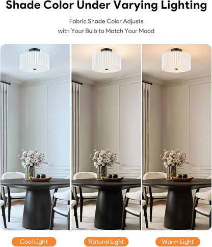 VONLUCE Semi-Flush Mount Ceiling Light, 12.2" Modern 2-Light Ceiling Light Fixture with White Pleated Drum Shade 2 E26 Sockets for Bedroom Entryway Living Room, Black Finish, ETL Certificated