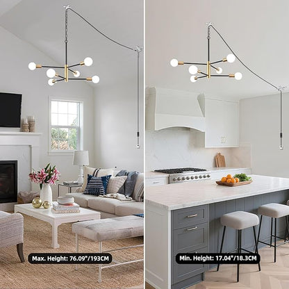 Plug in Chandelier Lighting with Long Cord, 6 Lights Modern Hanging Lights with Plug in Cord 15.09ft&On/Off Switch, Hanging Lamp Plug in Pendant Light Fixture for Dining Room Bedroom Kitchen
