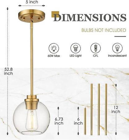 3-Pack Pendant Lights Kitchen Island, Gold Hanging Lights Fixtures with Clear Glass Globe Shade, Brass Kitchen Island Lighting for Dining Room, AD-22280-1P3-GD