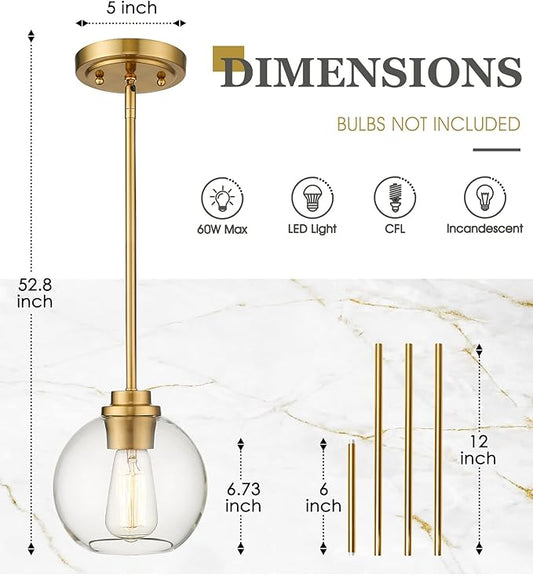3-Pack Pendant Lights Kitchen Island, Gold Hanging Lights Fixtures with Clear Glass Globe Shade, Brass Kitchen Island Lighting for Dining Room, AD-22280-1P3-GD