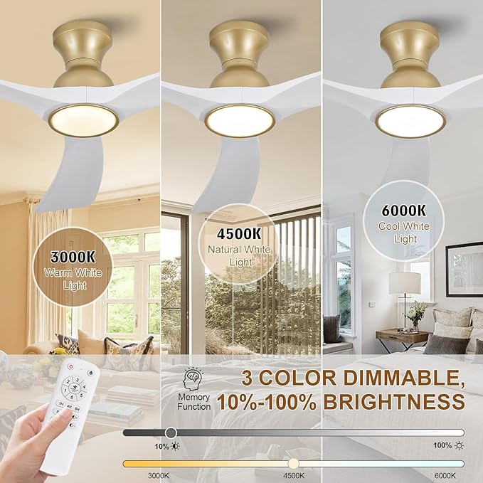 White Gold Ceiling Fans with Lights Flush Mount,52 inch Solid Wood,Remote Control,Wall Switch,Dimmable,Reversible,Power Off Memory Modern Ceiling Fan for Bedroom Patio Indoor/Outdoor Use
