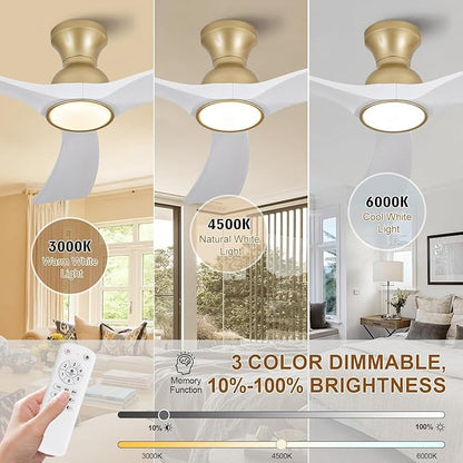 White Gold Ceiling Fans with Lights Flush Mount,52 inch Solid Wood,Remote Control,Wall Switch,Dimmable,Reversible,Power Off Memory Modern Ceiling Fan for Bedroom Patio Indoor/Outdoor Use