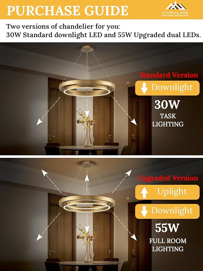LED 2 Ring Brass Gold Chandelier Dimmable Up Down Light Chandelier Modern Round Chandeliers Light Circular Chandeliers for Foyer Dining Room Entry Bedroom Office Living Room