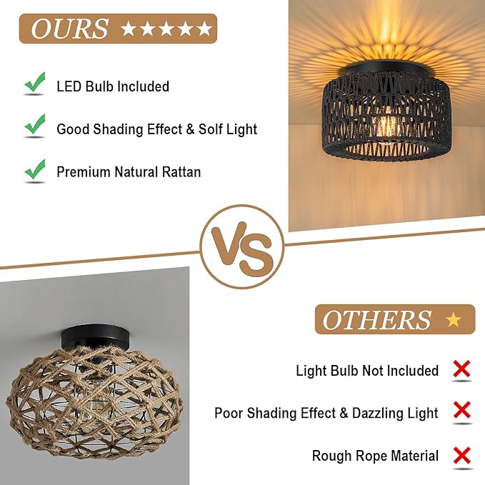 SineRise Rattan Ceiling Light Fixtures (12-Inch, LED Bulb Included), Hand-Woven Boho Flush Mount Ceiling Light, Rattan Chandelier for Hallway Kitchen Farmhouse Foyer Entryway Living Room(Black)