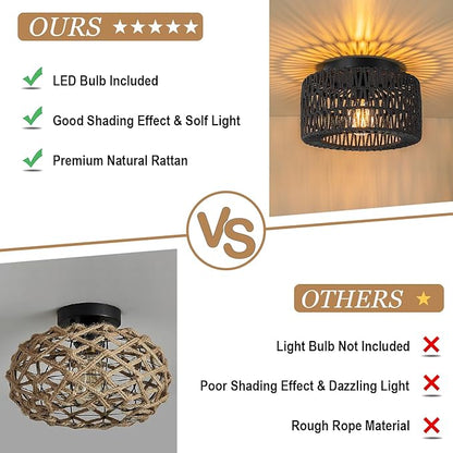 SineRise Rattan Ceiling Light Fixtures (12-Inch, LED Bulb Included), Hand-Woven Boho Flush Mount Ceiling Light, Rattan Chandelier for Hallway Kitchen Farmhouse Foyer Entryway Living Room(Black)