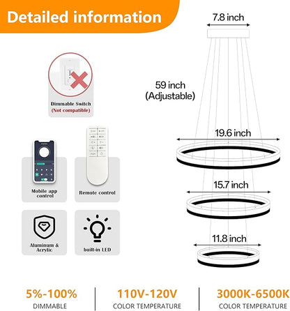 Modern Led Chandelier 3 Rings Black Pendant Lights Dimmable Chandeliers Color Temperature Height Adjustable Black Chandelier Led Pendant Light for Living Room Dining Room Bedroom Entryway