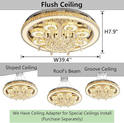 HAIXIANG Modern Chandelier LED Glam Living Room Crystal Light Interior Luxury High Ceiling Chandeliers Remote Dimmable Lights Fixture 40 Inches Silver