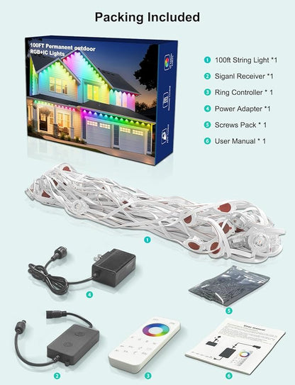 100ft RGB+ IC Permanent Outdoor Lights, Eaves Lights with 50 LED Lights, IP68 Waterproof, Music Sync with Remote Control for Garden Party Decor, Deck, Christmas with Cool White