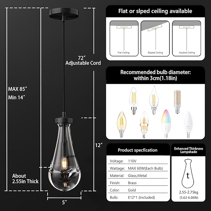 Raindrop Pendant Light Kitchen Island, Modern Black Teardrop Pendant Lights,Dimmable Rain Pendant Lighting Dining Room Light Fixture Bronze Raindrop Lighting for Living Room Hallway, Including Bulb