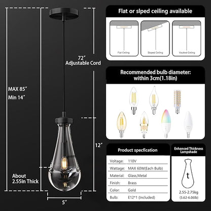 Raindrop Pendant Lights Kitchen Island Set of 3, Black Rain Pendant Island Light DimmableTeardrop Pendant Lights Dining Room Height Adjustable Glass Waterdrop Pendant Light, E12 Bulb Included