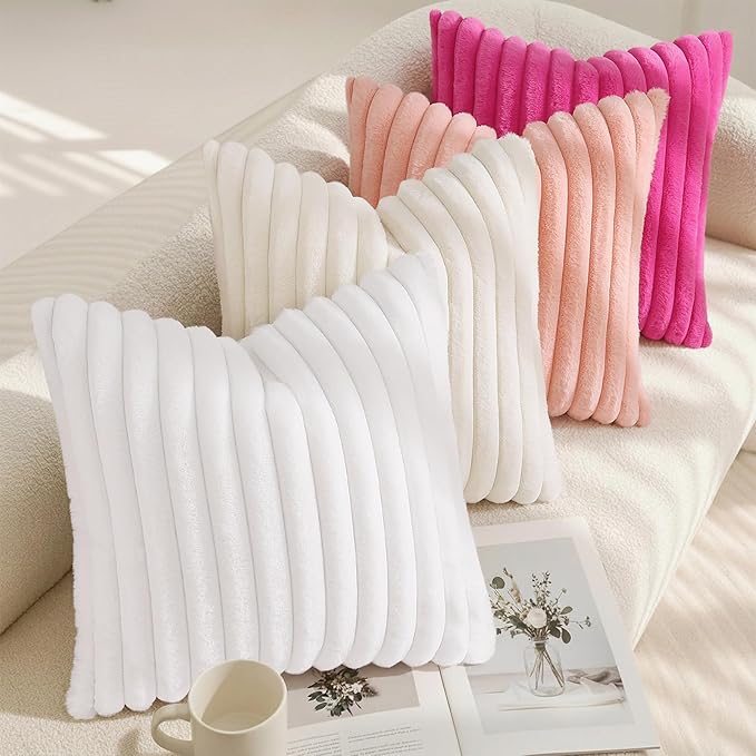 decorUhome Summer Cozy Faux Fur Throw Pillow Covers 12x20 Set of 2 Decorative Soft Plush Striped Lumbar Modern Farmhouse Boho Couch Pillow Cases with Velvet Back for Sofa Bed Living Room, White