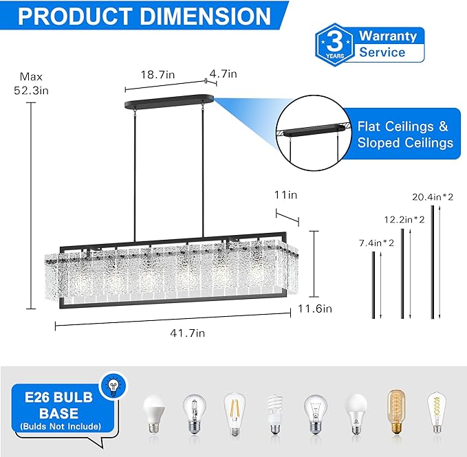 Modern Rectangle Black Crystal Chandeliers for Dining Room, 42" Large Rectangular Water Ripple Glass Island Light Fixture, Linear Farmhouse Lighting for Kitchen Island, Living Room