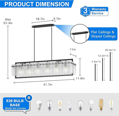 Modern Rectangle Black Crystal Chandeliers for Dining Room, 42" Large Rectangular Water Ripple Glass Island Light Fixture, Linear Farmhouse Lighting for Kitchen Island, Living Room